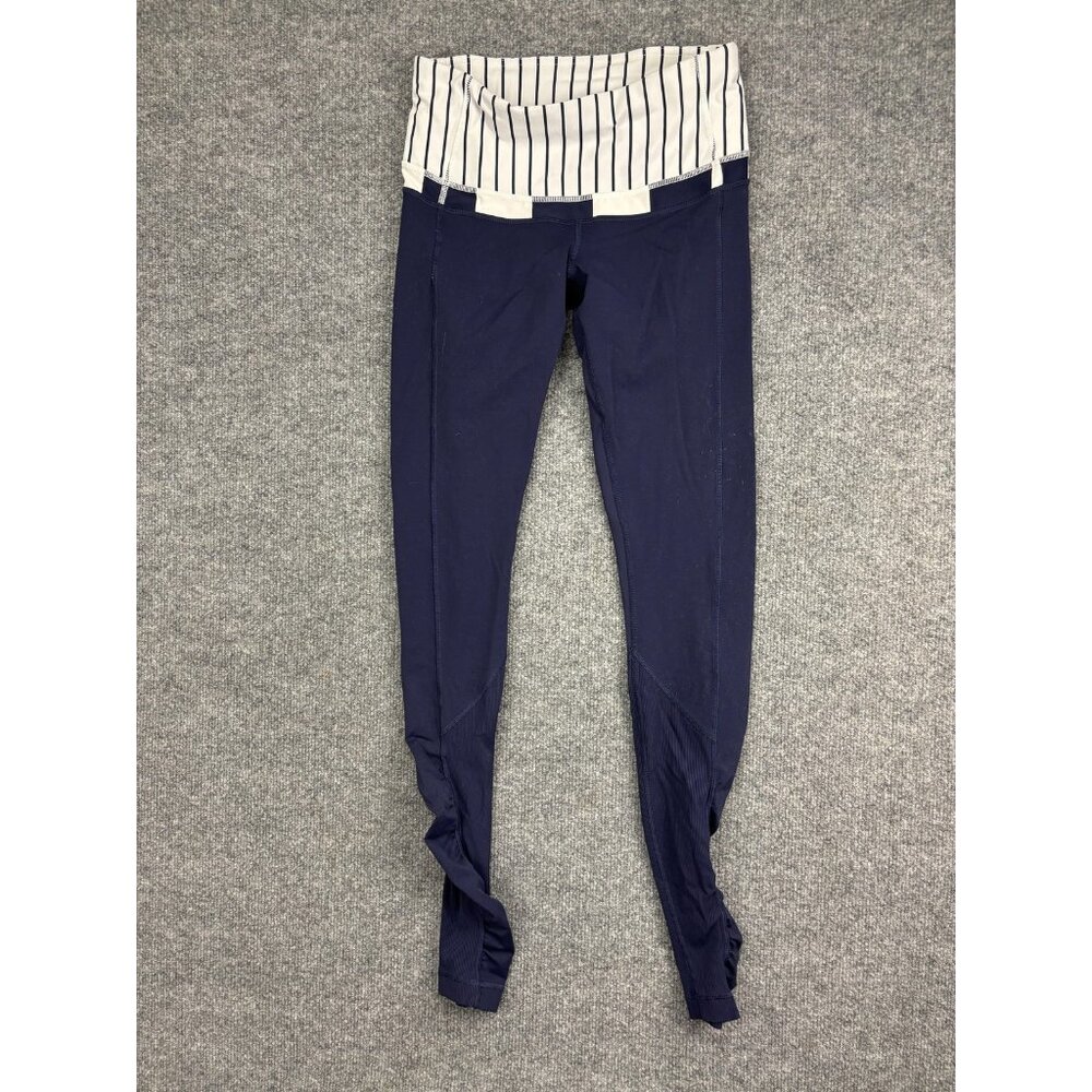 Lululemon Leggings Womens 6 Navy Striped Waist‎ Running Back Zip Ruched Ankle